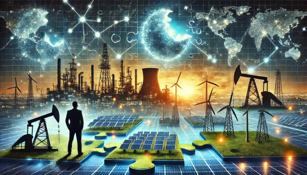 再生可能エネルギー源がパズルのピースをつなぎ合わせた未来的なエネルギー都市は、エネルギー部門におけるM&Aを象徴しています。ソーラーパネル、風力タービン、従来の石油掘削装置がシームレスに融合しています。光る線は、さまざまなエネルギー源をつなぎ、データフローと技術統合を表しています。ビジネスマンのシルエットが前景に立ち、変貌するエネルギー情勢を見下ろしています。配色は、主に青と緑にオレンジのタッチを加えたもので、従来のエネルギーから再生可能エネルギーへの移行を意味します。デジタルアートのタッチを少し加えた超リアルなスタイル。