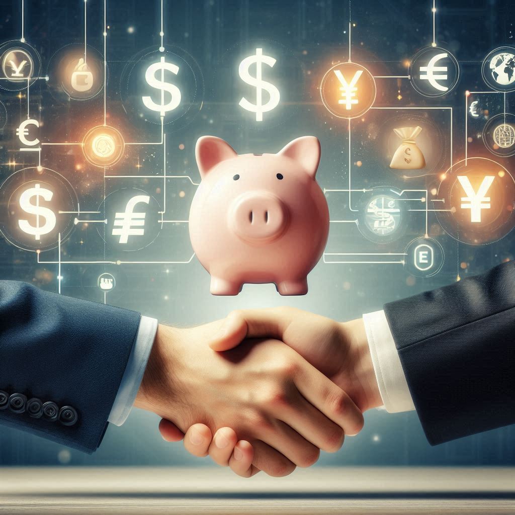 A handshake between two businesspeople, with a piggy bank and various financial symbols (dollar sign, yen sign, euro sign, etc.) floating in the background, representing the funding options for small-scale M&A deals.