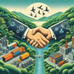 地域の企業が手を取り合う様子を、緑豊かな自然を背景に描いたイラスト。企業間の連携とサプライチェーンの構築を表現し、地域経済の活性化をイメージさせる。