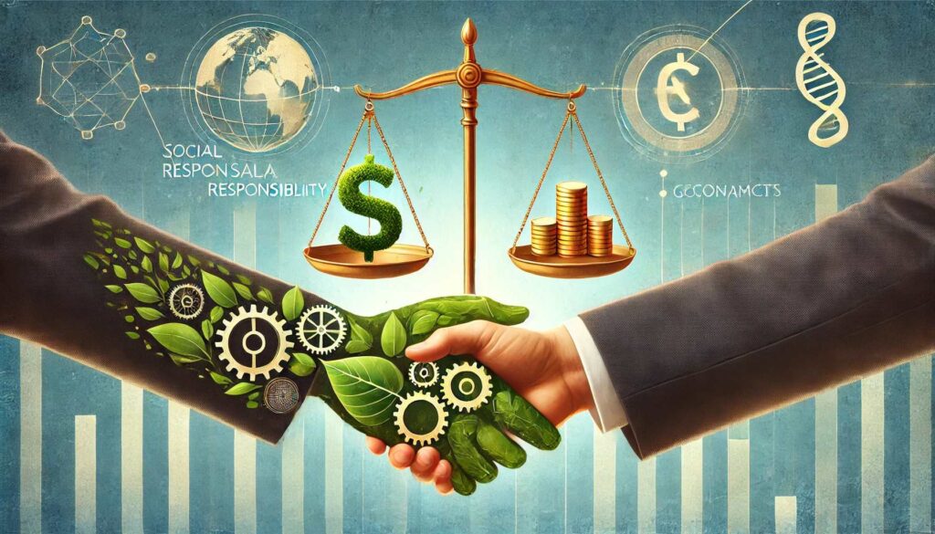 ESGとM&Aの概念の象徴的な融合です。2人のビジネスマンが握手を交わし、片方の手は環境を表す緑の葉で、もう片方の手はガバナンスを表す歯車で作られています。握手の上には、片側に地球儀、もう片側にコインの束のバランスをとった金色の天秤があり、社会的責任と経済的側面を象徴しています。背景は空を表す柔らかな青のグラデーションで、微妙な抽象的な線がさまざまな要素をつなぎます。全体的なスタイルはすっきりとしていて、モダンで、少し抽象的で、プロのビジネス記事に適しています。