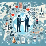 世界地図を背景に、食品・飲料関連のアイコンやシンボルが配置され、中央にビジネスマンが握手しているシーンを描いた画像