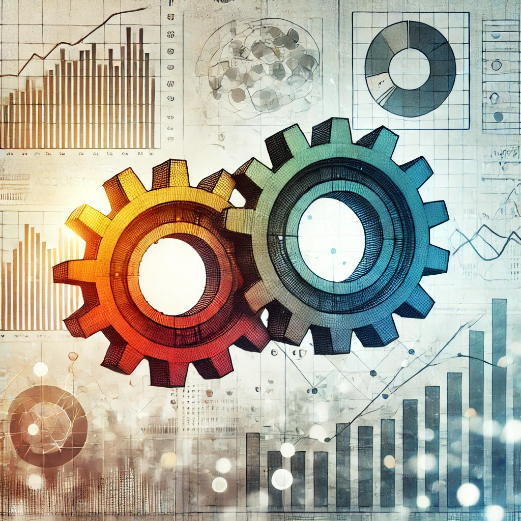 2つの異なる色の歯車が噛み合い、背景にビジネスグラフやデータチャートが表示されている、企業買収後のシナジー創出を象徴するイメージ。