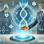 ヘルスケアテック業界のM&A：未来的な医療ラボで握手するビジネスパーソン。ホログラフィック画面にDNAと医療データ。デジタルヘルスのシンボルが浮かぶハイテクな環境