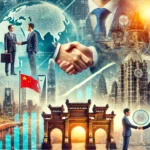 中国とインドの有名なランドマークを背景に、企業の合併と買収を象徴する握手と成長チャートのコラージュ。