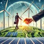 風力タービンとソーラーパネルが広がる風景の中で、二つの企業が握手しているシーン。グリーンエネルギー分野でのM&Aを象徴するイメージ。