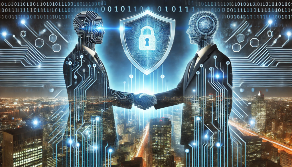 Cybersecurity in M&A: Digital handshake with protective shield, representing secure mergers and acquisitions in the modern business landscape