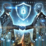 Cybersecurity in M&A: Digital handshake with protective shield, representing secure mergers and acquisitions in the modern business landscape