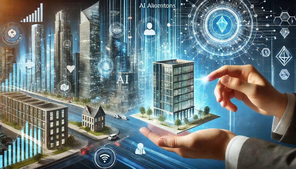 A futuristic business scene with holographic screens displaying financial data, AI algorithms, and blockchain networks. In the foreground, a businessman's hand interacts with a floating 3D model of a corporate building surrounded by digital information flows. The background shows a cityscape transitioning from traditional skyscrapers to modern, data-driven architecture. Use a blue and white color scheme with accents of gold to represent innovation and value. Highly detailed, digital art style.